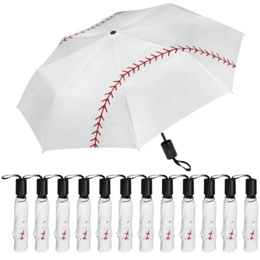 

12 Pcs Auto Open Baseball Umbrella Baseballs Printed Windproof Travel Folding Umbrella Portable Compact Baseball Umbrellas Gift