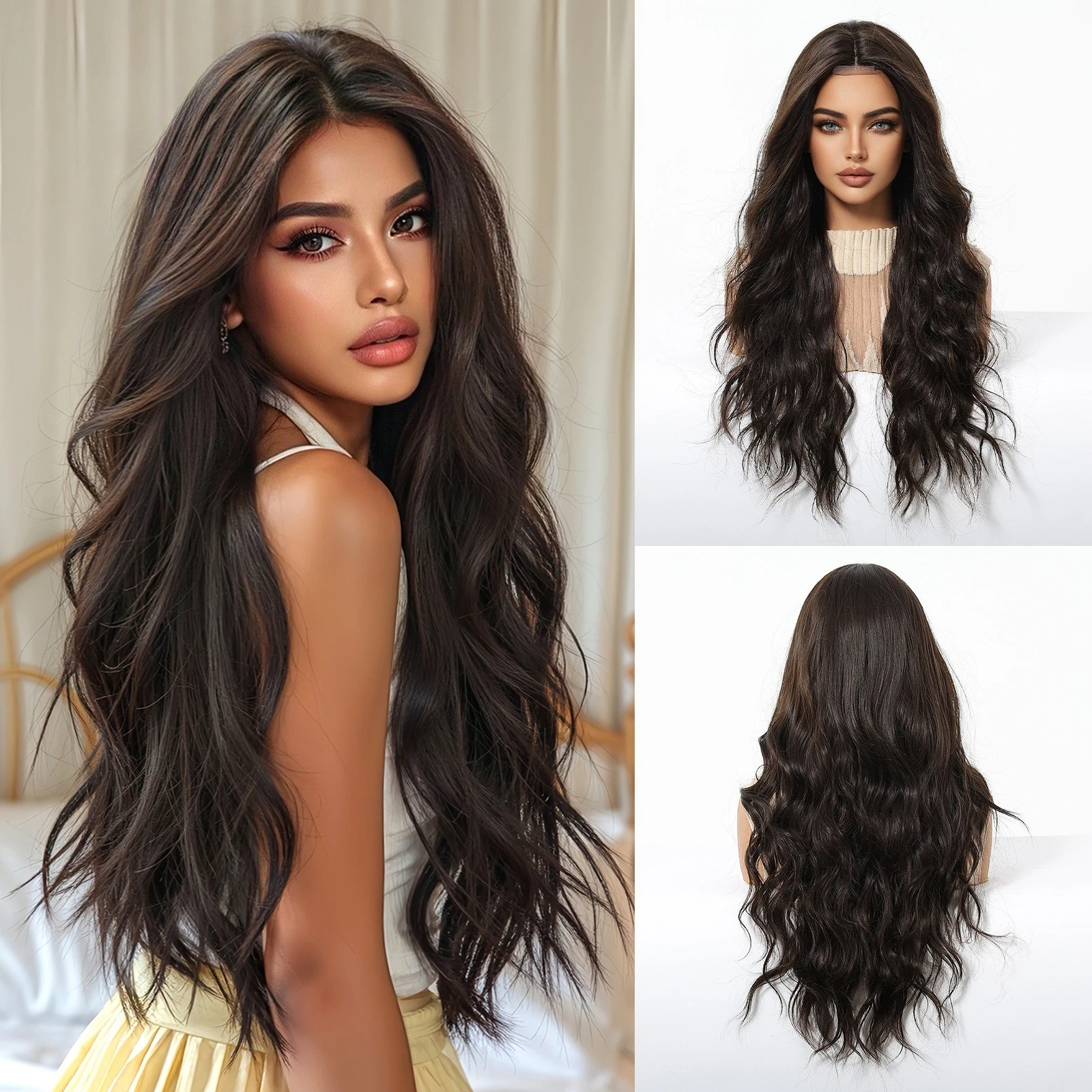 

Hot-selling European and American forehead lace female natural black temperament long curly hair wavy wig headgear