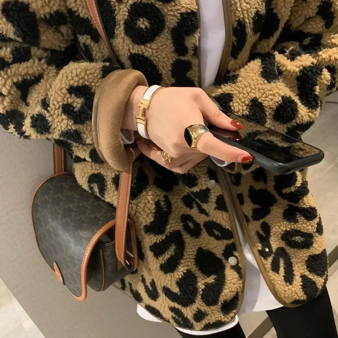 2024 Casual Jackets for Women Single Breasted Faux Fur Leopard Print Long Sleeve Winter Clothes Women Coats Outerwear Streetwear