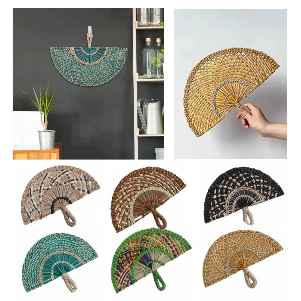 Colorful Hand-woven Straw Fan Vintage Handmade Decorative Handmade Fan Weaving Technique Portable Summer Cattail Fan