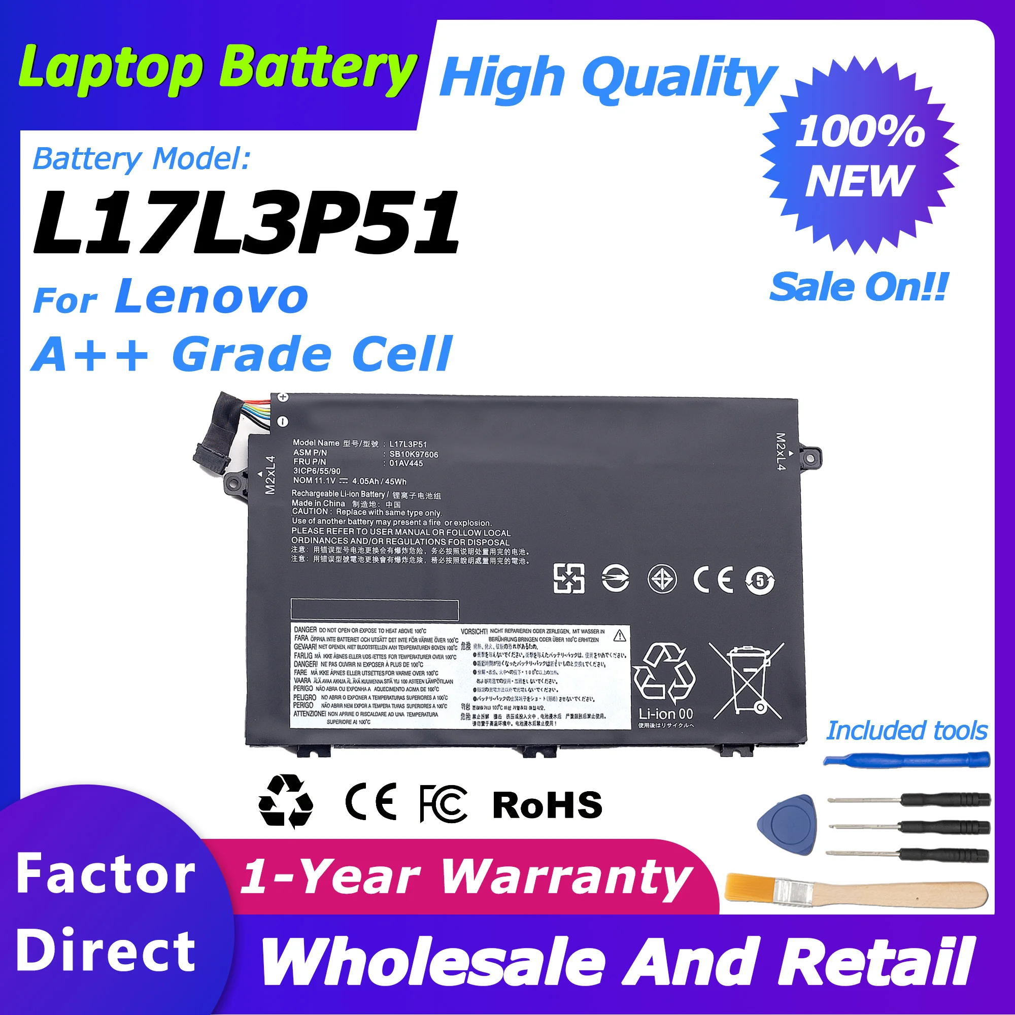 

L17L3P51 Laptop Battery For Lenovo ThinkPad E15/E480/E490/E495 Series 01AV445/L17M3P52/SB10K79606 battery 11.1V/45wh