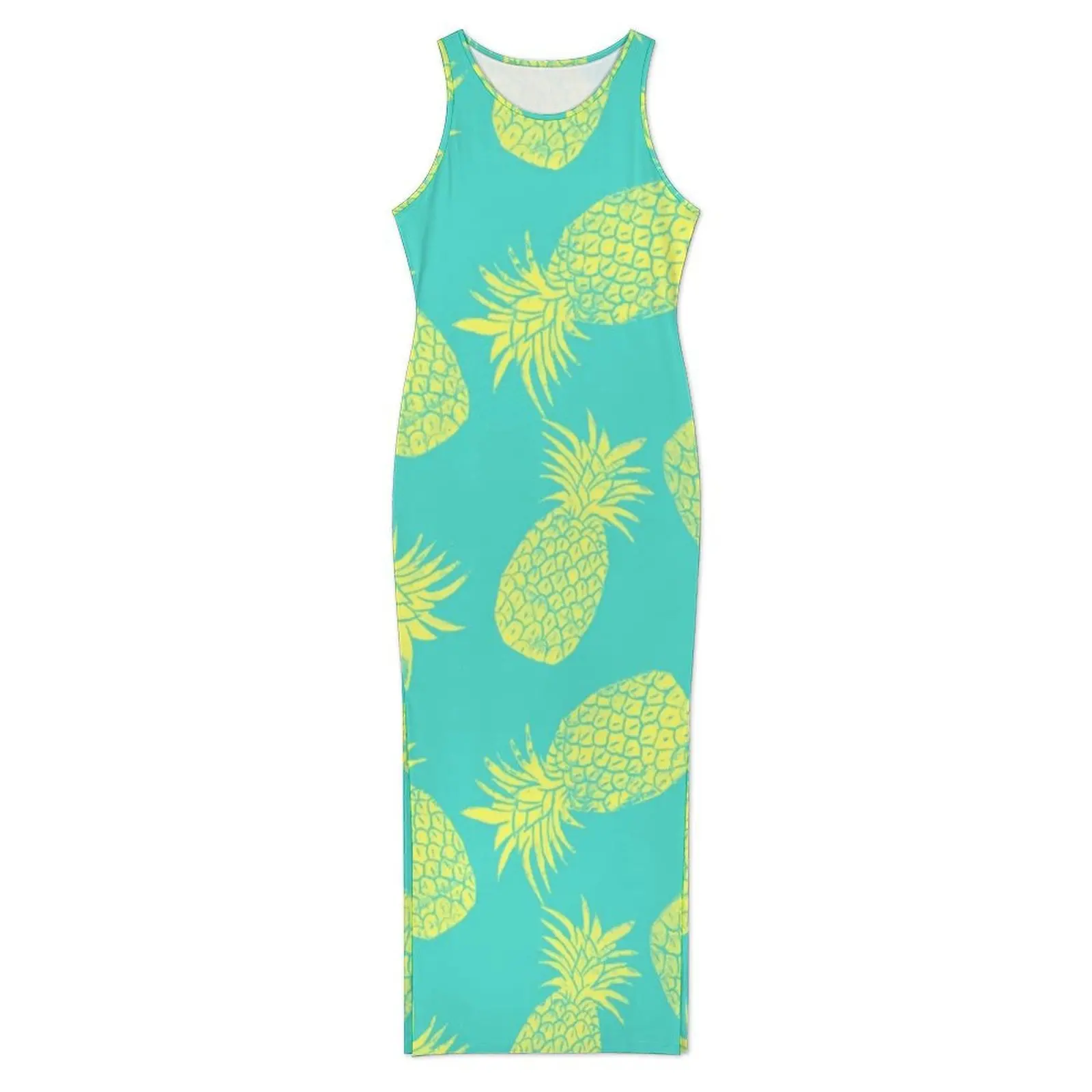 Yellow Pineapple Dress Sleeveless Tropical Fruit Print Pretty Maxi Dresses Spring Street Wear Pattern Bodycon Dress 2XL 3XL 4XL