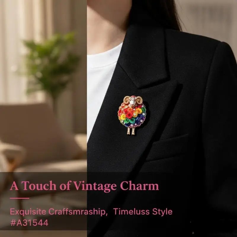 Goat Year Sheep Brooch 4 Color Rhinestone Embellished Floral Design Elegant Lapel Pin for Wedding Party Outfit Match