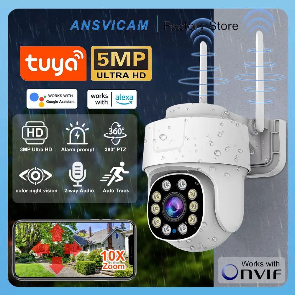 

Уличная Wi-Fi камера ANSVICAM Tuya 5 МП с 10-кратным PTZ-зумом, для видеонаблюдения и безопасности, с автоматическим отслеживанием, совместимая с Alexa, Google, Onvif