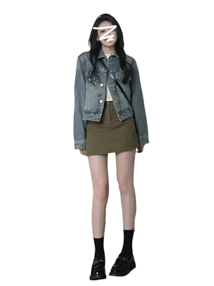 เสื้อแจ็คเก็ตยีนส์สไตล์อเมริกันสำหรับผู้หญิง ไซส์พลัส ลำลอง สไตล์อเมริกัน เสื้อคลุมอเนกประสงค์ สไตล์เรโทร กลิ่นอายฮ่องกง เก๋ไก๋