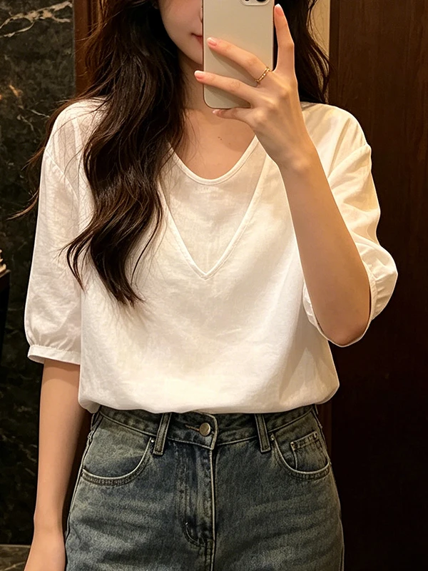 

Loose V-Neck Shirt Women's plus Size Lazy Style Casual Fashionable Top Korean Commute Style Breathable Skin-Friendly