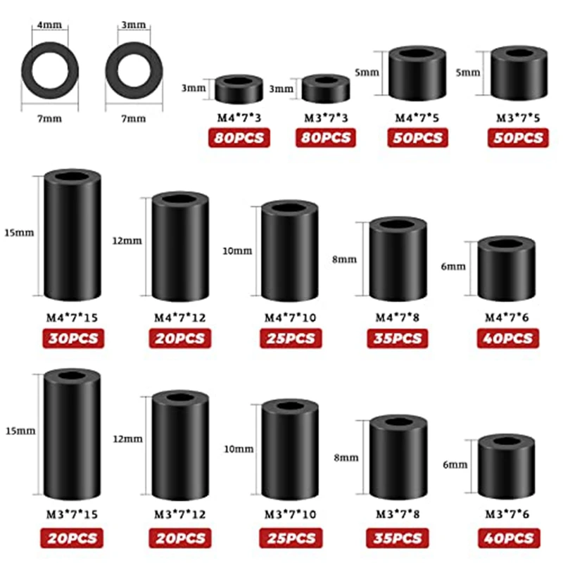550 szt. Gniazdko elektryczne przekładki czarny Nylon okrągły element dystansowy do wkrętów i części zamiennych akcesoria do śrub M3/M4