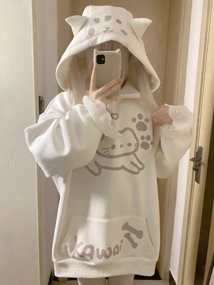 

Kawaii Cartoon Print Hoodie Women Casual Loose Pocket Hoody Y2k Aesthetic Sweatshirt Oversized Streetwear Japanese Autumn New