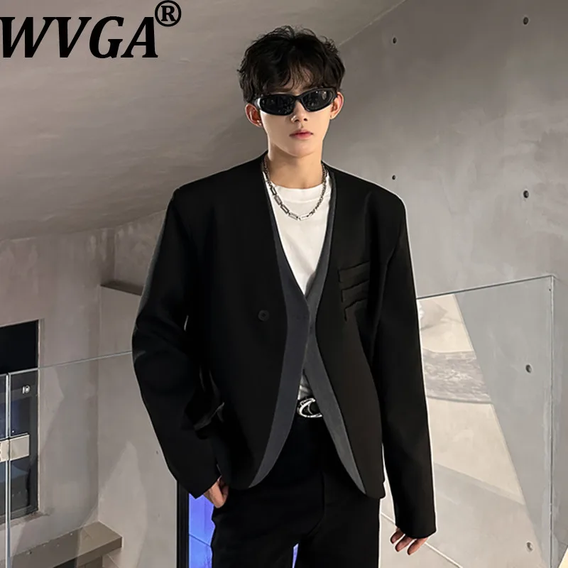 

WVGA Spring Autumn New Man Tide Color Block Collarless Design Trendy Short Blazer Niche Chic Casual Long Sleeve Coats Ins W21233