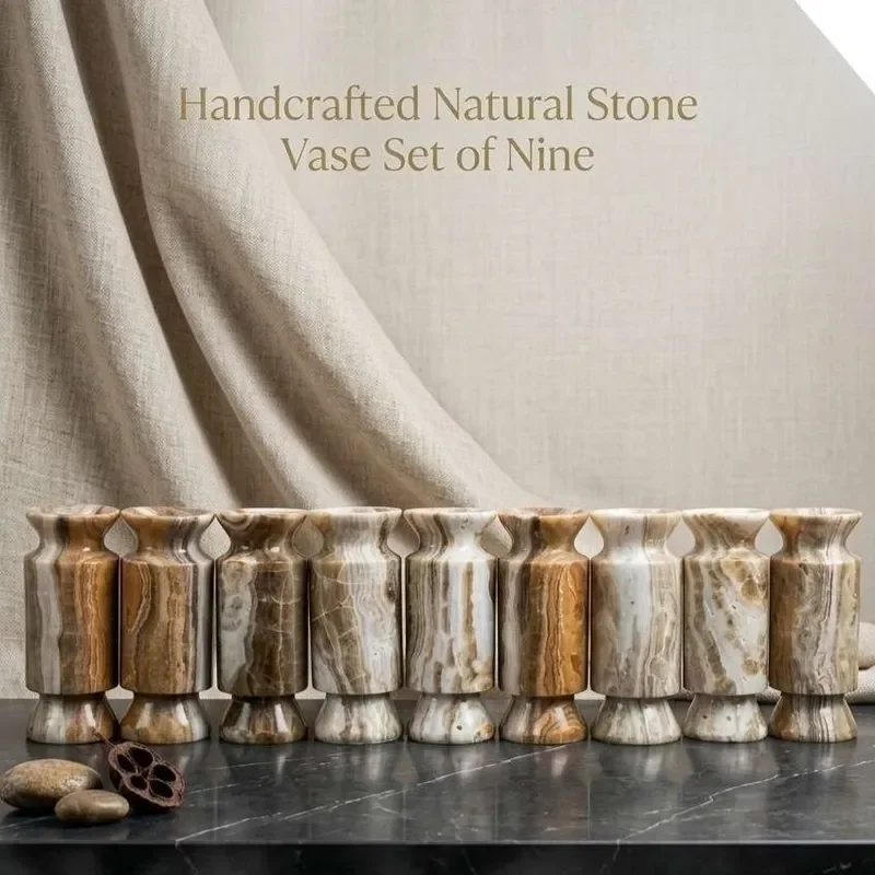 Vintage Marble Jade Vase Medieval Wabi Sabi Style Decorative Flower Arrangement for Bookshelf Bedside Table Home Office