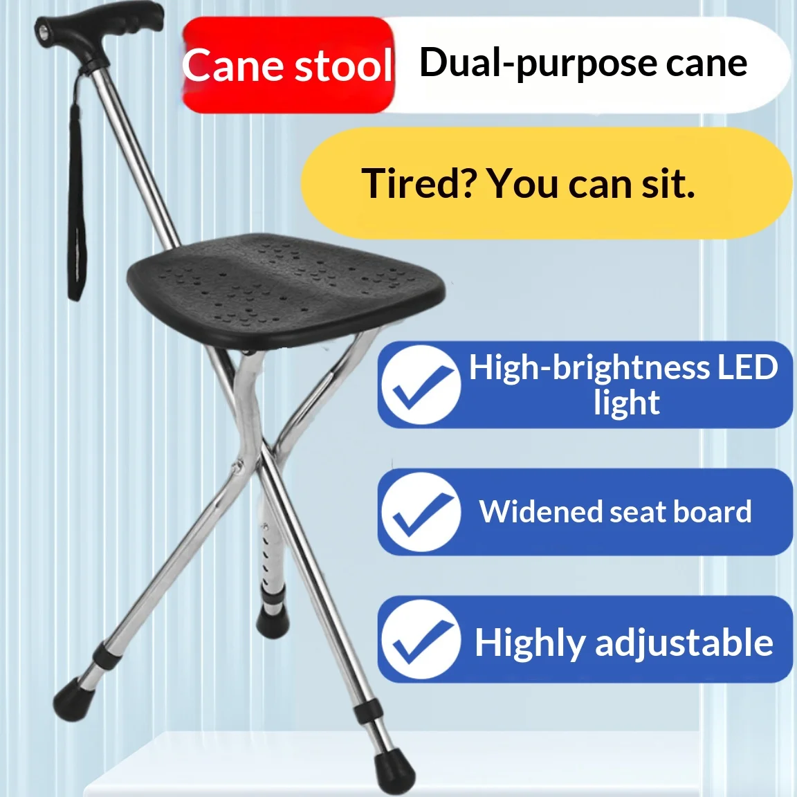 Foldable Cane Chair With Enlarged Seat Board For Elderly People, Anti Slip Cane With Light Cane Stool, Outdoor Hiking Cane Chair