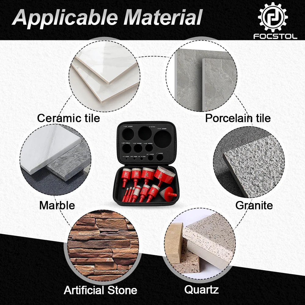 FOCSTOL 11pcs Diamond Tile Drill Bit Set Dia 6-65mm for Porcelain Tile Ceramic Granite Marble 50mm Chamfer Bit Drill Mill Bit