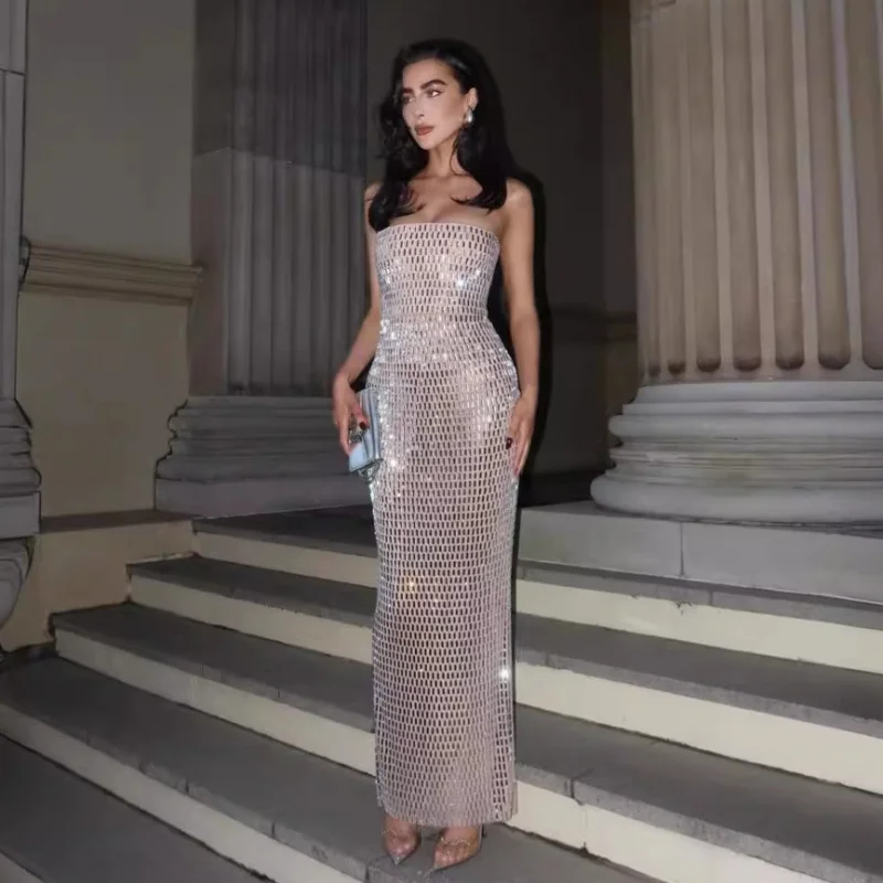 2025nova chegada verão novo brilhante strass sexy pura malha vestido sem alças elegante socialite vestido de festa
