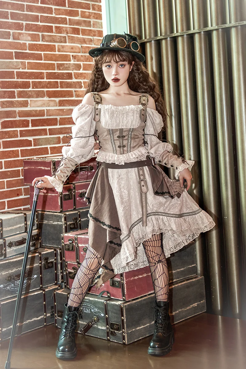 W stylu Vintage Steampunk Cosplay pirat dziewczyna Op szlachetna seksowna metalowa bluzka z guzikami falbana noga jagnięca miedziany guzik mankiety koronkowa Lolita Top + spódnica