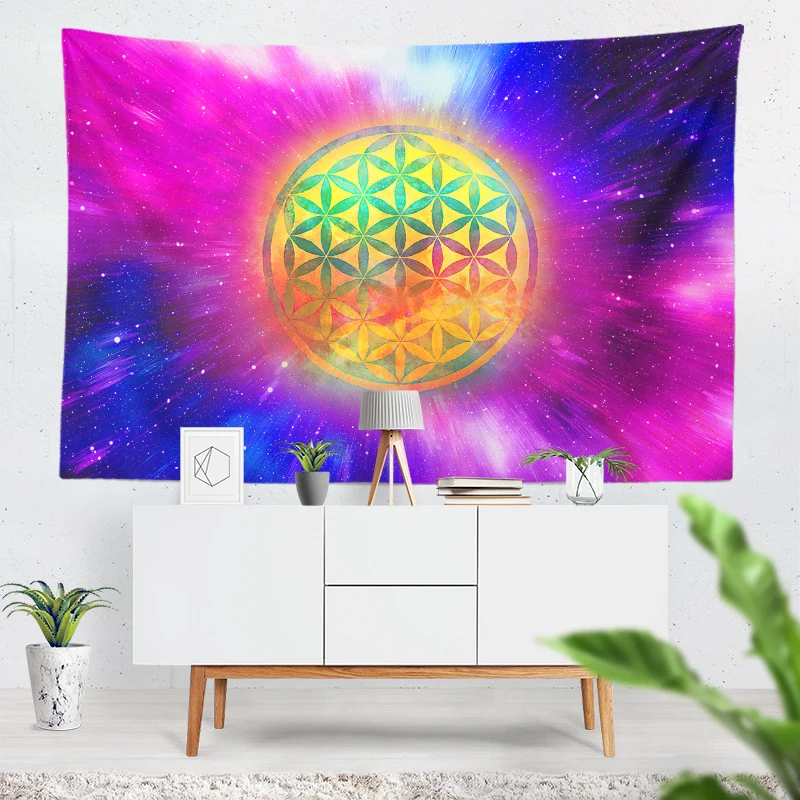 Fuchsia Blue Yellow Ombre Flower Of Life Tapestry Sacred Geometric Wall Hanging Crystal Altar Cloth Ceremony Pagan Home Decor