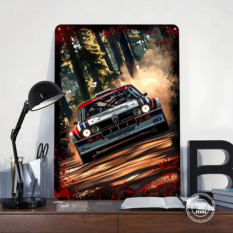 Rally Racing Through Forest Car Metal Poster Customized Wall Art Retro Vintage Metal Tin Signs for Decor Room Bedroom Decoration
