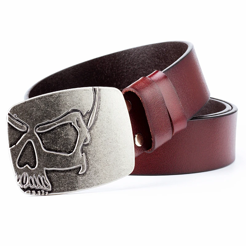 

Fashion Men Belt Cowskin Silver Skull Buckle Death's Head Heavy Metal Rock Style Accessories