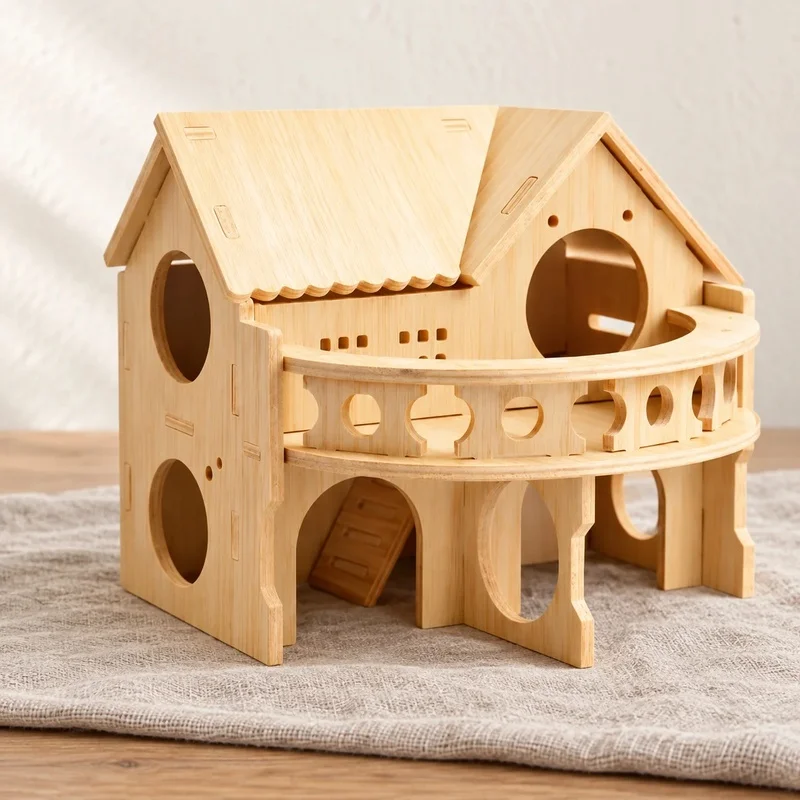 Wooden Hamster House Multi-Chamber Hideout with Balcony - Natural Wood Small Animal Villa & Exploration Toy for Dwarf Hamsters