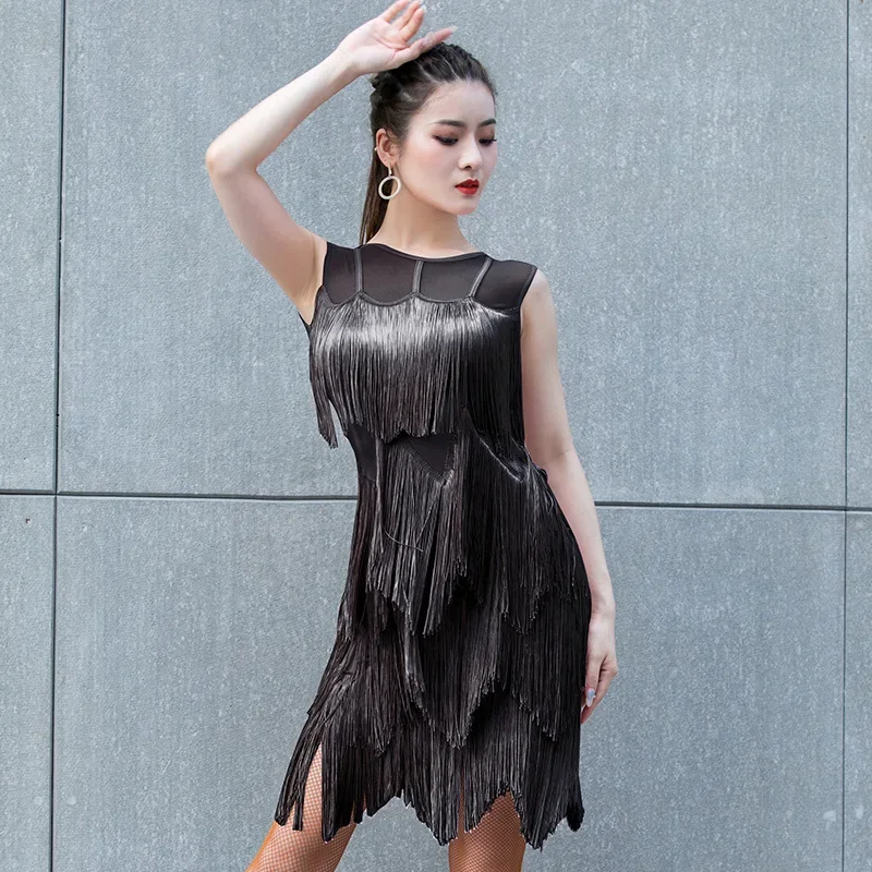 Lady Girls Fringes Sleeveless Sling Dress Evening Nightclub Fringes Dress Women Sexy Tassel Latin Dress 1920s Flapper Dress