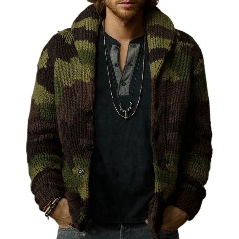 New luxury and fashionable men's autumn and winter camouflage jacquard sweater with a flip collar slim fit woolen jacket and top