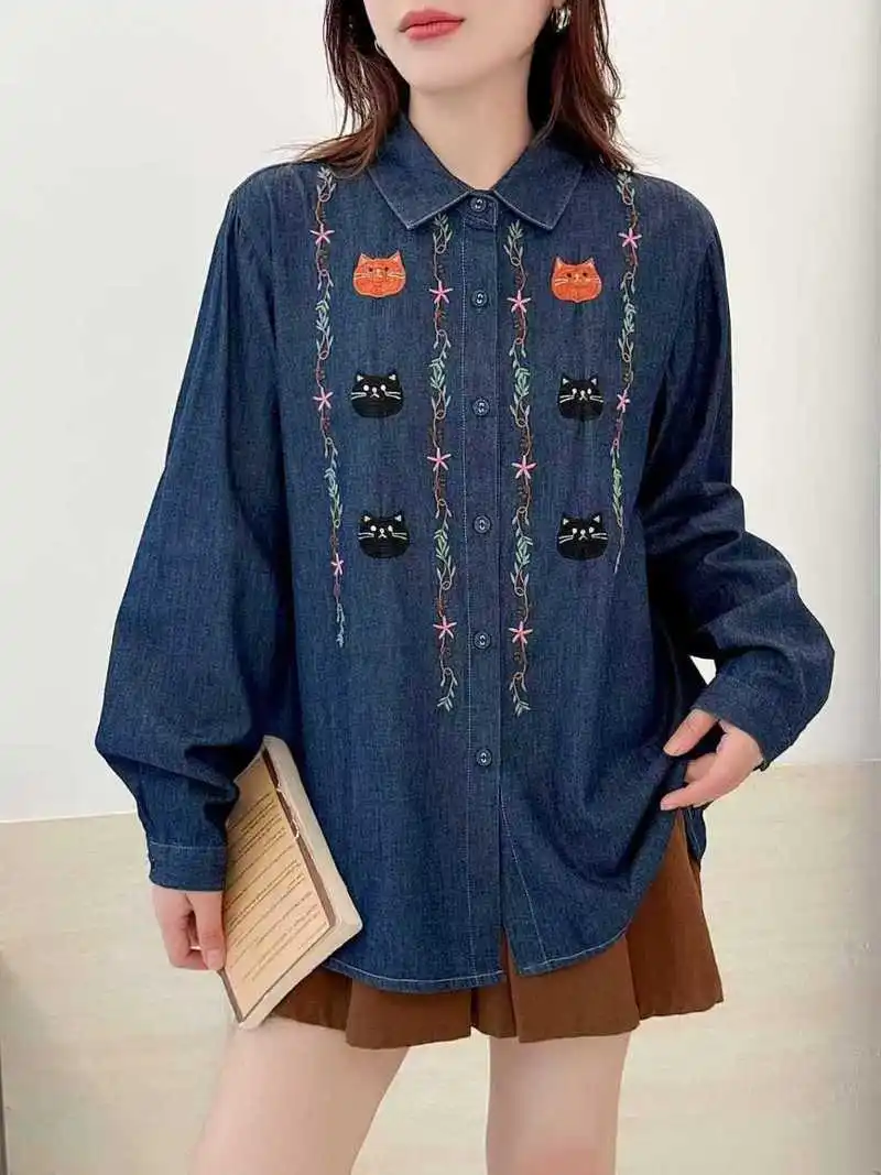 Japanese Vintage Mori Girl Cartoon Cat Embroidery Denim Shirts Women Autumn Turn Down Collar Long Sleeve Casual Jeans Blouse Top