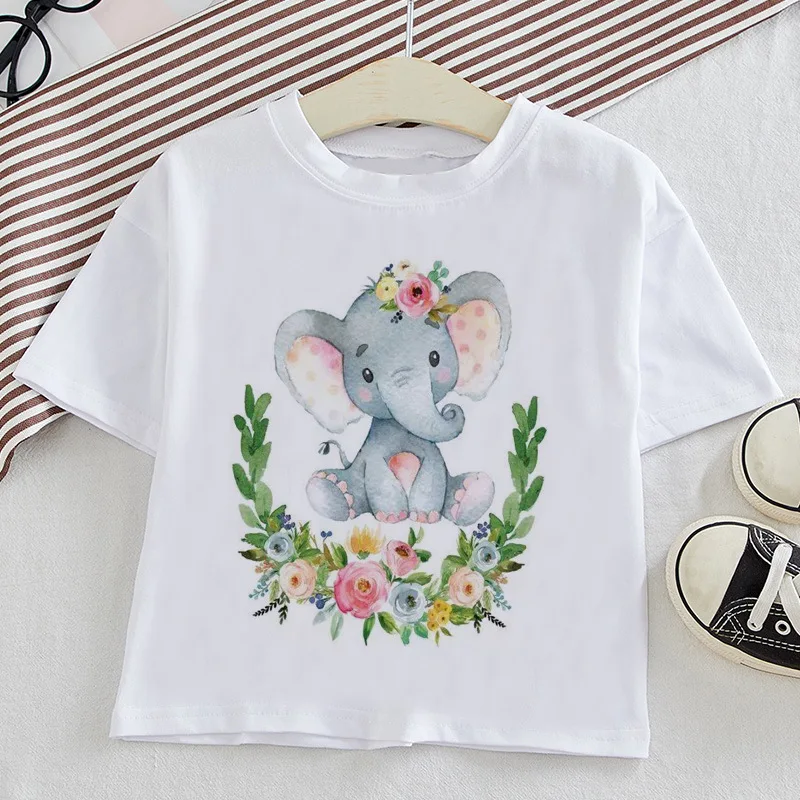 Small Elephant Small Animal Cartoon Printed Round Neck Children Medium and Small Children White Casual Summer T-shirt Short