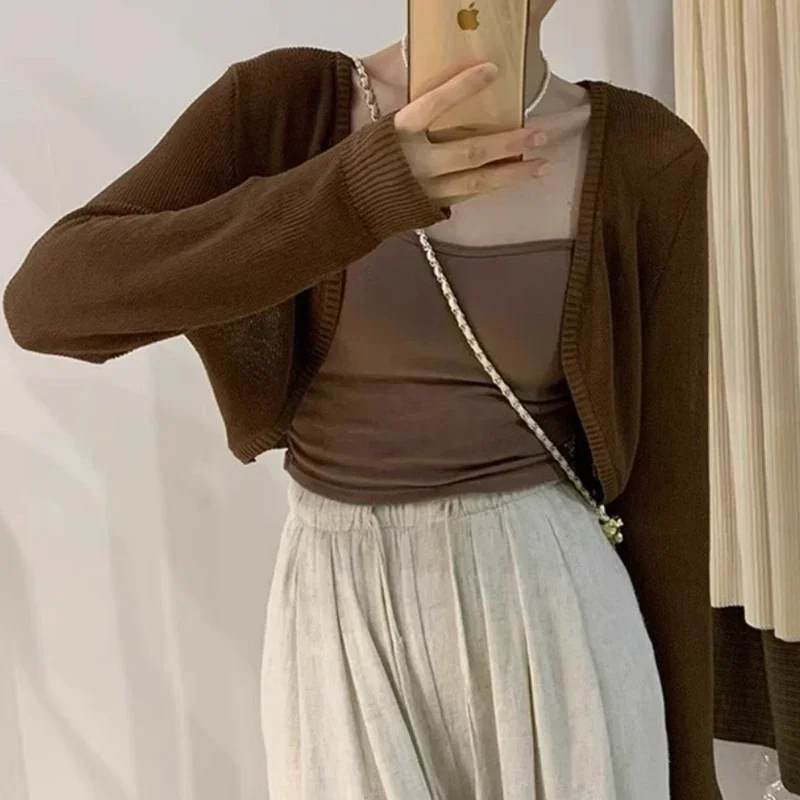 Crochet Shrug Cardigan for Women Cover Up Long Sleeve Sheer Openwork Open Front Crop Sweater Knit Cover Up Beach Outfit