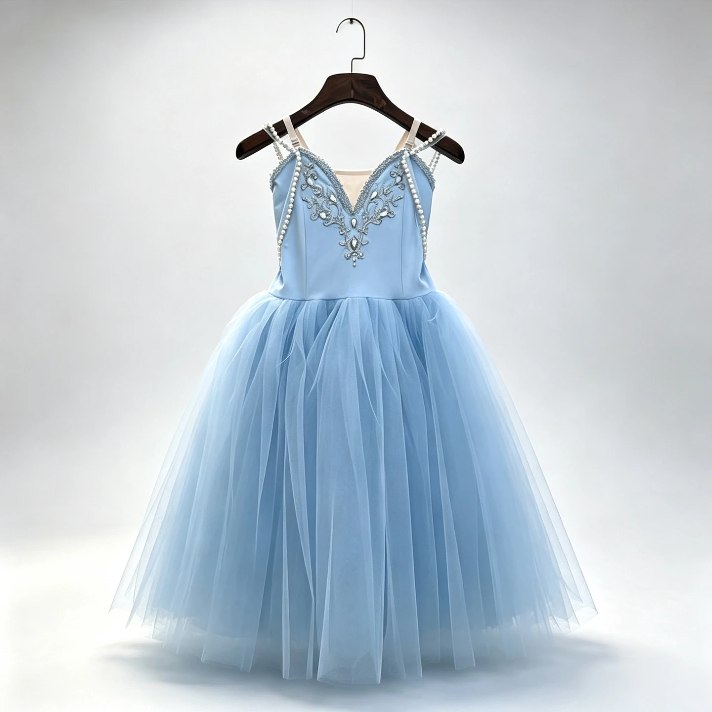 Girls Pearl Strap Light Blue Ballet Tutu Dress Sparkle Tulle Skirt Child Stage Performance Ballerina Dance Competition Costome