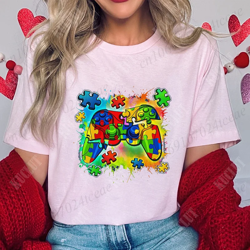 Autism Awareness Video Game Controller Women T-Shirt Autism Awareness Month Graphic T Shirts Summer Harajuku Short Sleeve Tops