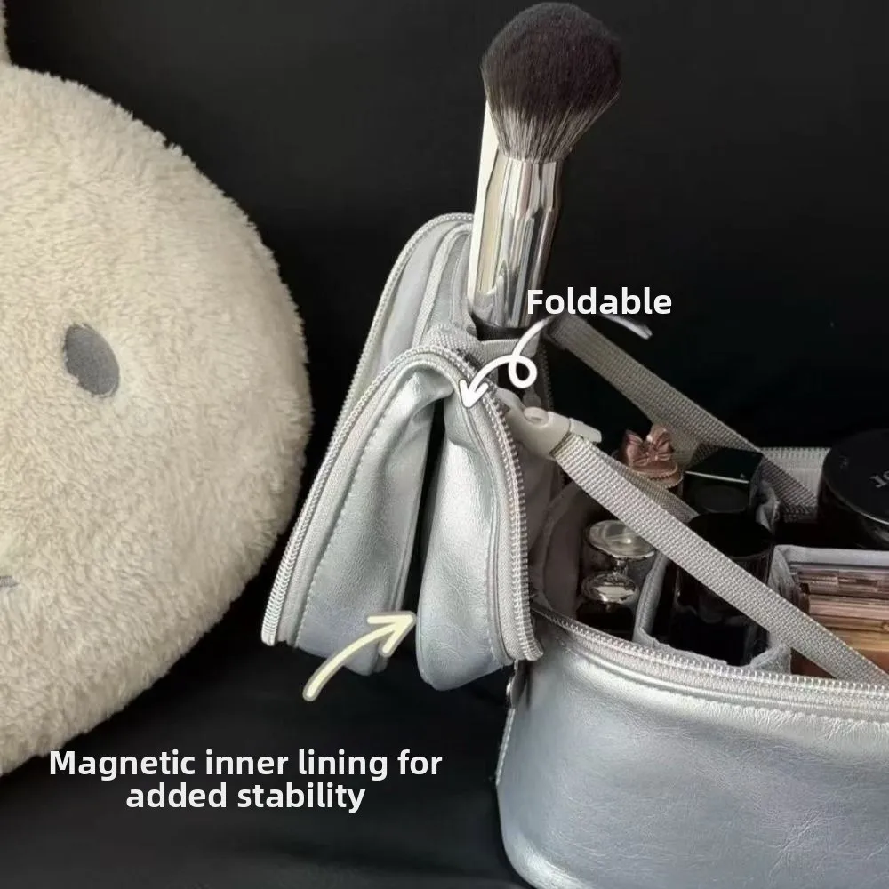 

PU Leather Silver Makeup Bag Large Capacity Detachable Cosmetic Storage Pouch Waterproof Multi-functional