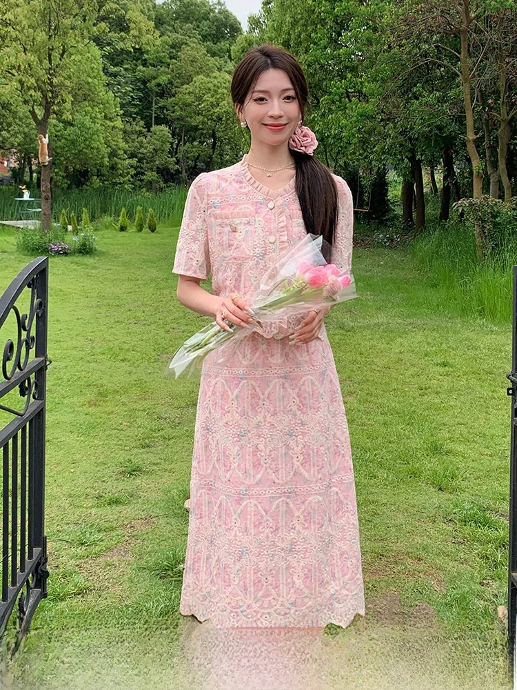 

Elegant Heavy-Worked Two-Piece Set Women's plus Size Fashionable Commute High Waist A-Line Skirt Short Sleeve Polyester