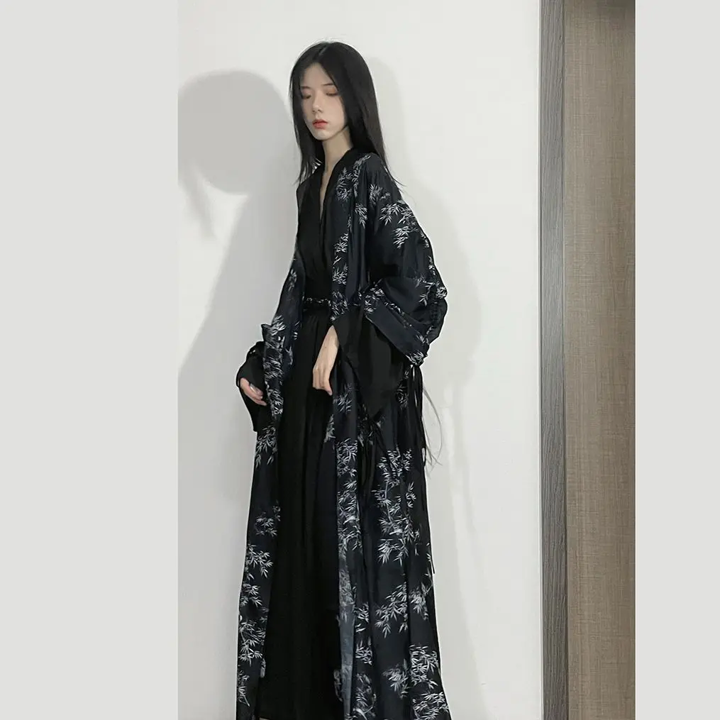 Traje Hanfu de estilo chino, falda con estampado de hoja de bambú de Diablo gótico negro, abrigo de tinta moteada, disfraz de Cosplay Wei Jin