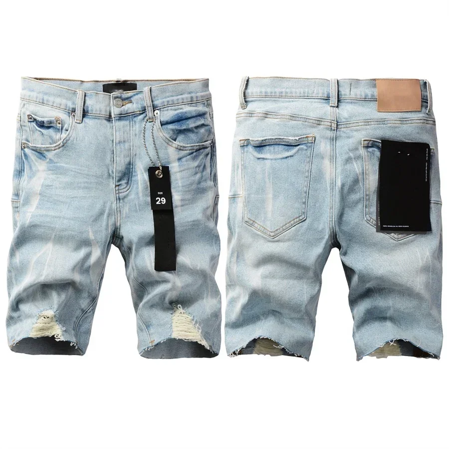 

Top quality New Purples Jeans Shorts Men Trendy Elastic Edged Middle brands Irregular light Blue Color Washed Denim pants