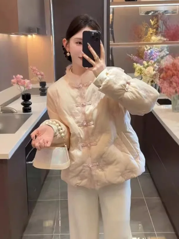 

New Chinese Sle Embroidered Fce Lined Warm ort Cotton Jaet Button up Faionable Winter Outerwear for Women