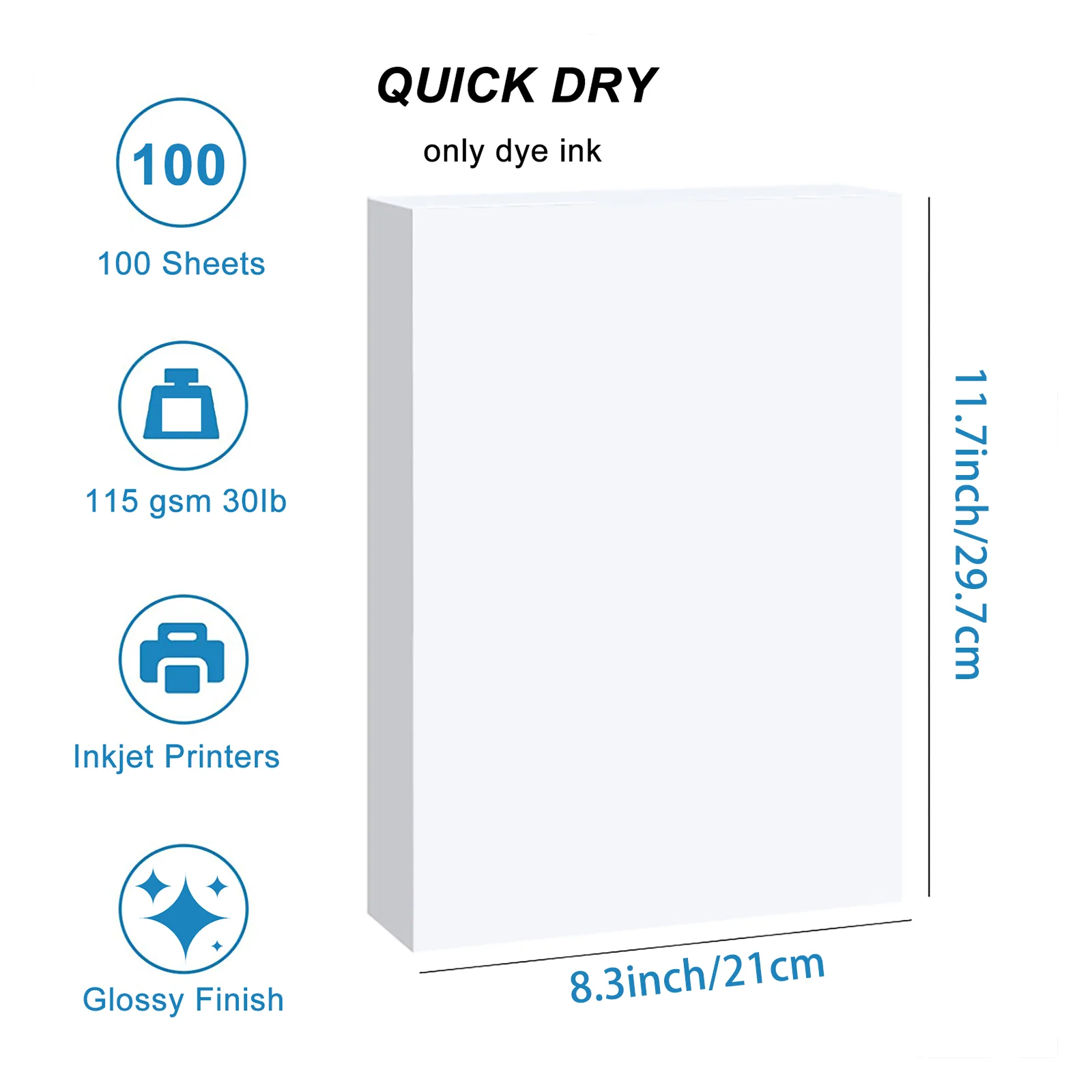 100 Sheets A4 Glossy Single-Sided Photo Paper 115gsm for Inkjet Printing - Premium Quality Photo Printing Paper Sheets
