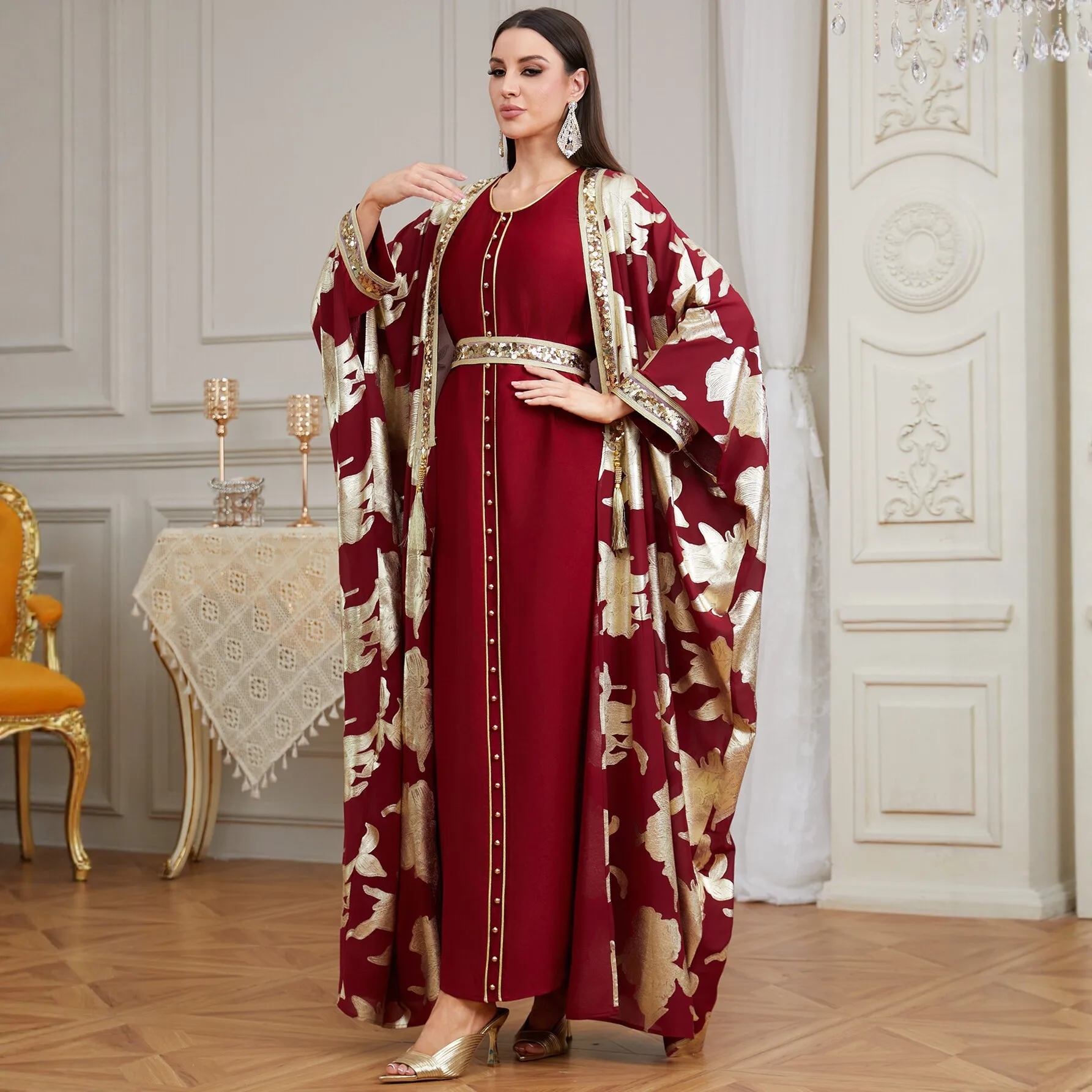 Eid Print Kimono Jalabiya Women Muslim Set 2PCS Dubai Abaya Dress Turkey Kaftan Femme Musulmane Vestidos Islam Clothing Djellaba - view 4