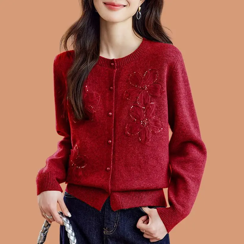 Spring Summer New Heavy weight Knitted Wool Crew Neck Cardigan Embellished with 3D Flowers Design Sense Top E11537