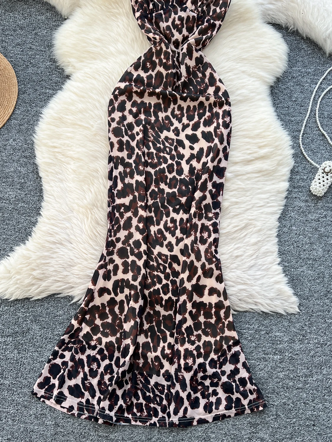 Foamlina feminino luxo sexy com decote em v leopardo impressão vestido longo feminino sem costas sem mangas apertado cauda de peixe halter suspender vestido