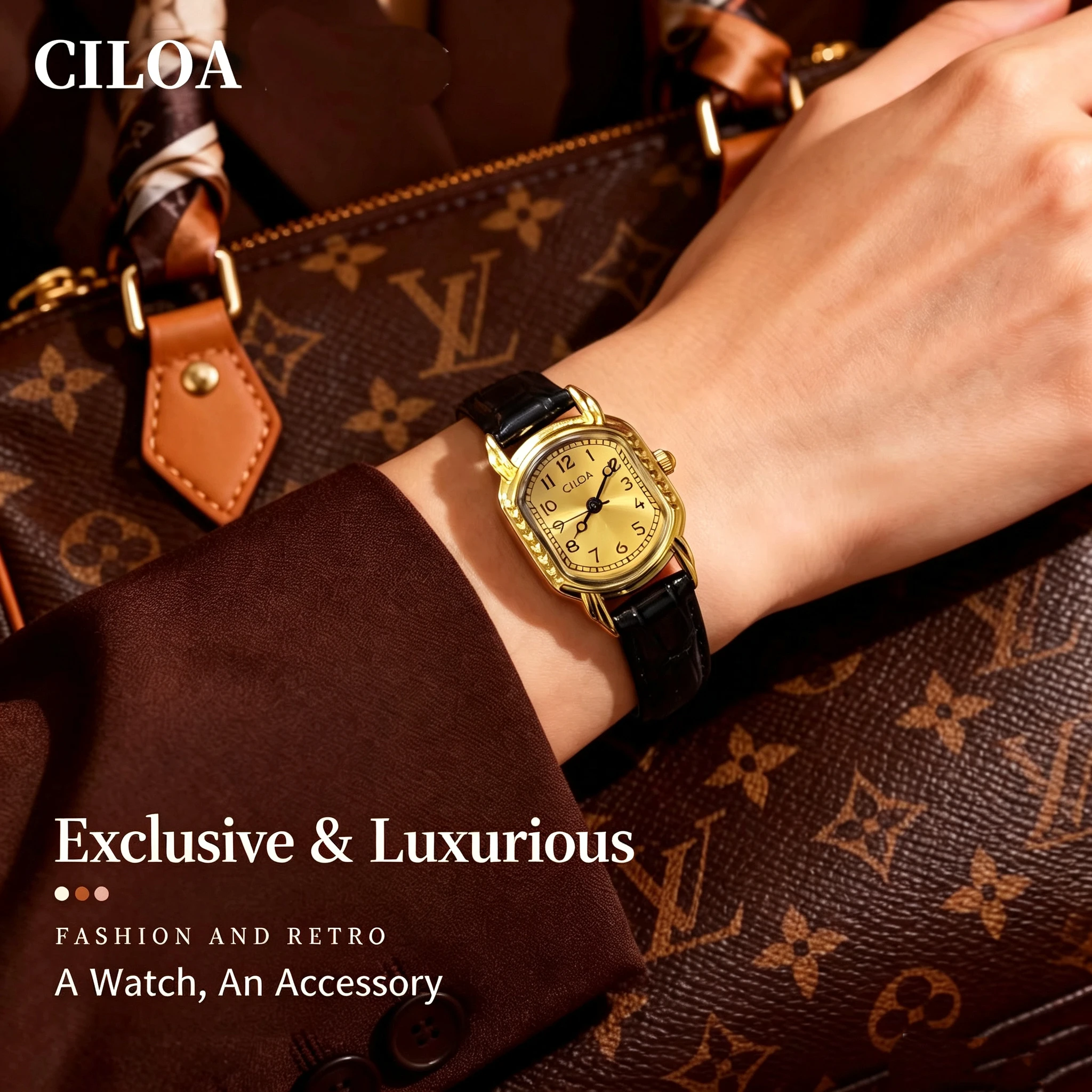 CILOA-Vintage Women Small Octagon Quartz Watch Black Leather Strap Gold Case Elegant Wristwatch Reloj Mujer