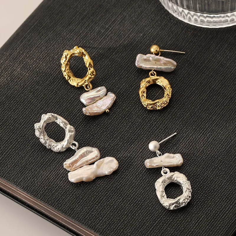 Classic Retro Asymmetric Special-shaped Freshwater Pearl Tassel Earrings, High-end Lava Texture Earrings for Women Jewelry Gift