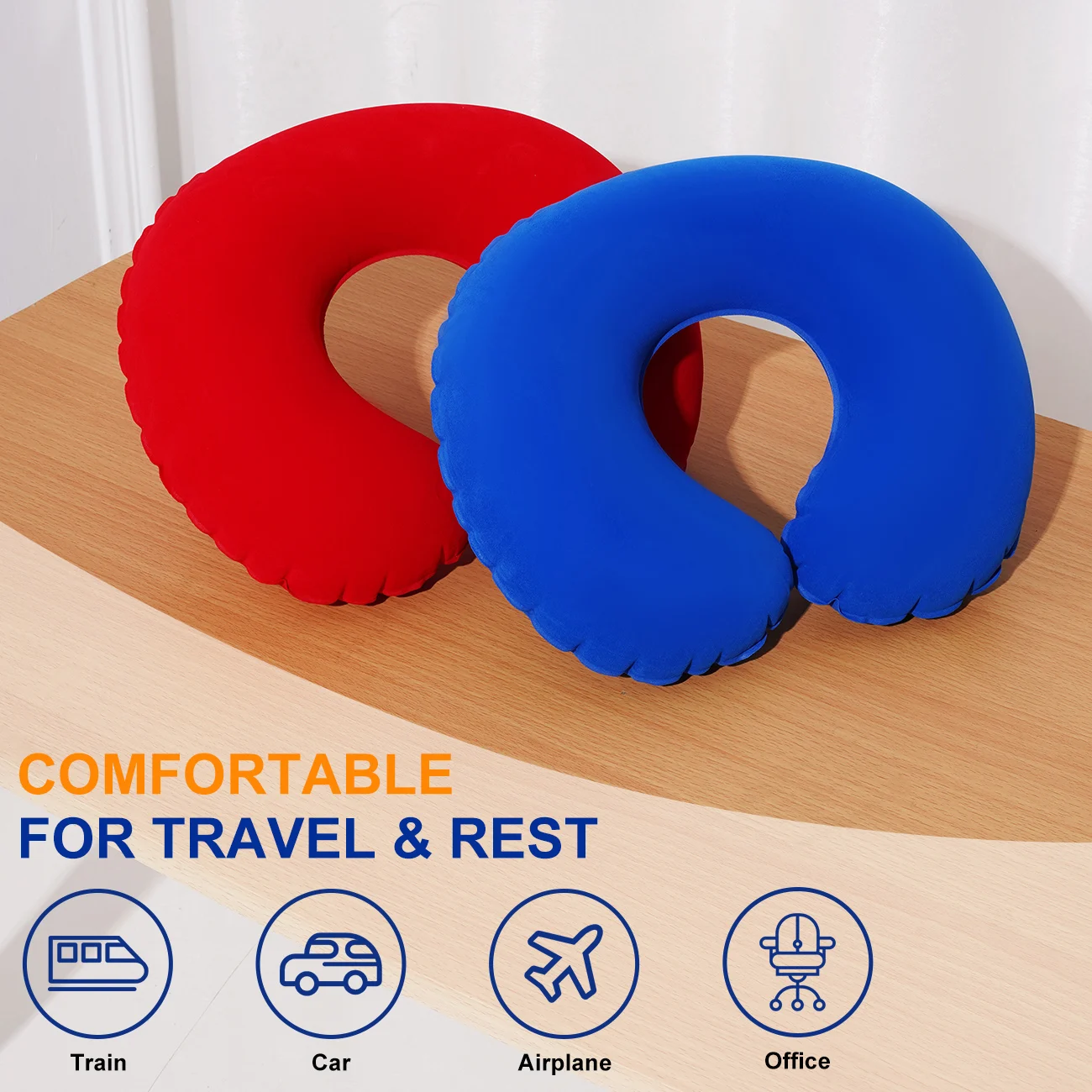 1PC Flocked Inflatable Travel Neck Pillow – Portable Support Cushion Suitable for Use on Planes, in Cars and at Home