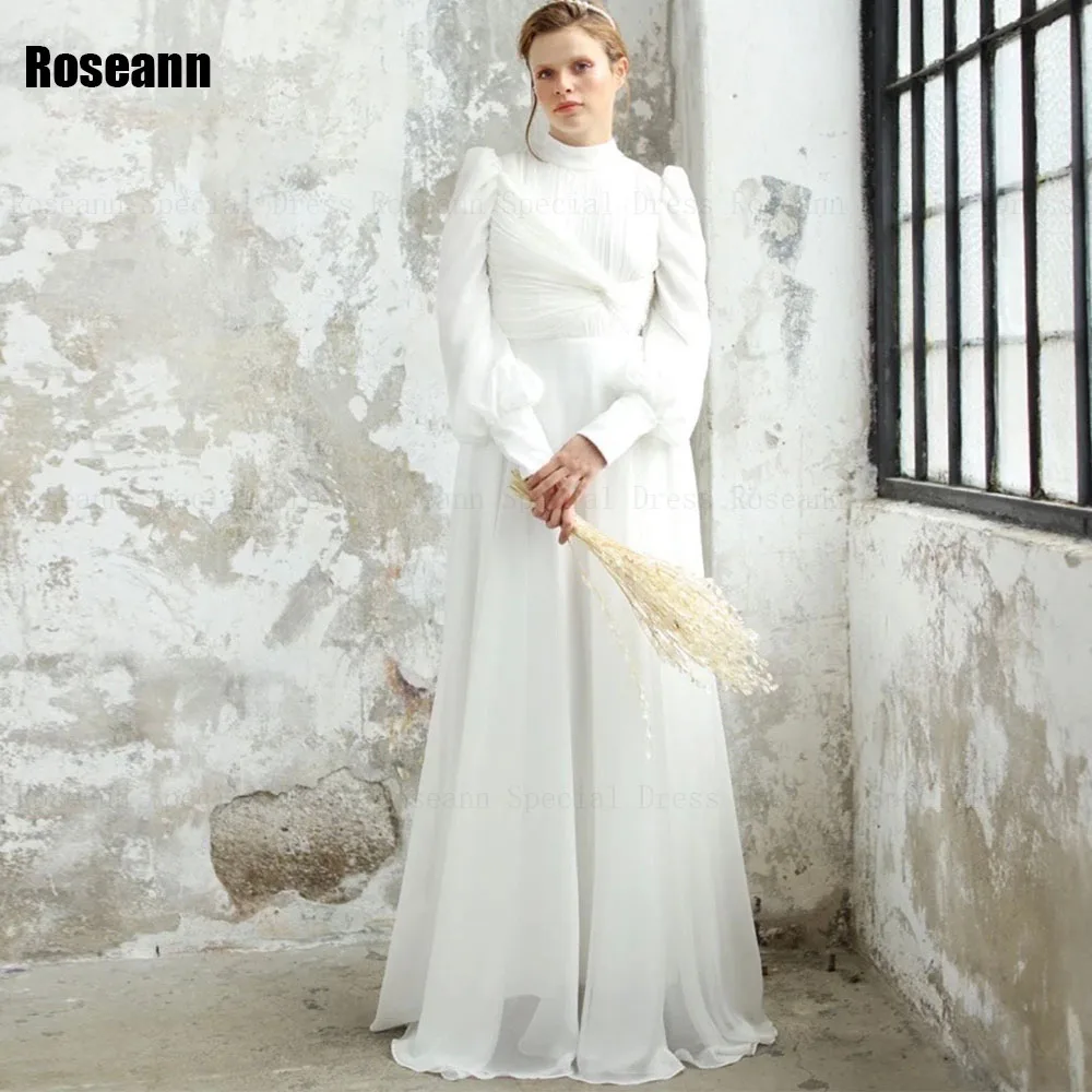 

Muslim 2024 Ivory High Collar A-line Wedding Dresses Ruffle Criss-Cross Draped Pleat Floor Length Bride Dress robe de mariée