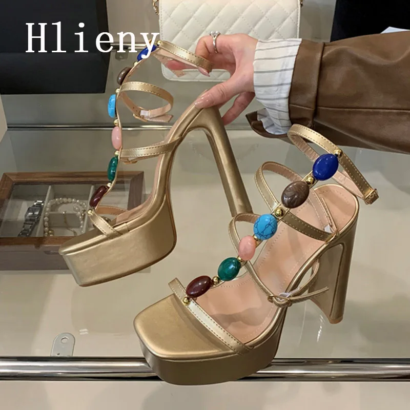 Hlieny Summer Buckle Strap Hollow Out Narrow Band Sandals Women Fashion Square Toe Platform Nightclub Stripper High Heels Shoes