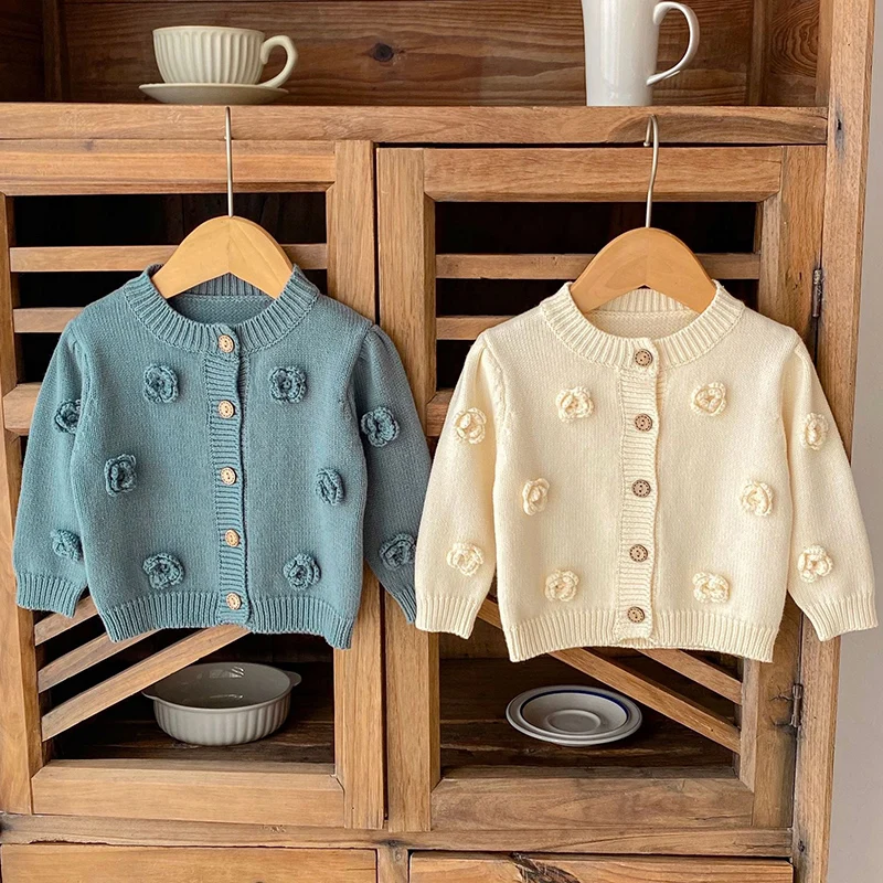 Autumn Winter Toddler Baby Girls Sweater Coat Solid Color Handmade Flower Newborn Baby Girls Knitting Cardigan Children Clothes