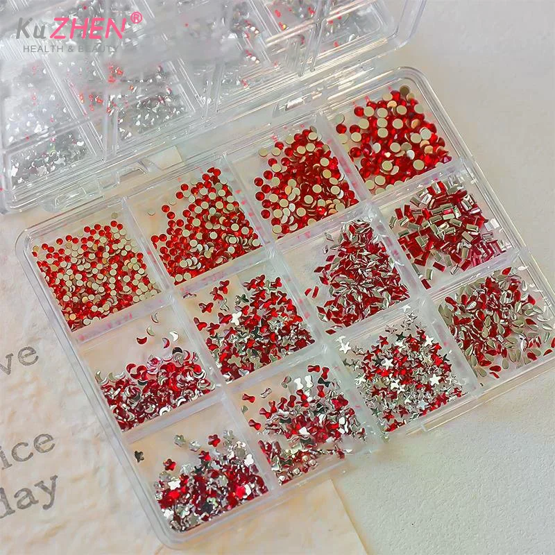12 Grids/Box Clear Silver Red Mixed Sizes Flat Bottom Nail Art Rhinestones Crystal 3d Glitter Decoration Nail Parts Accessories