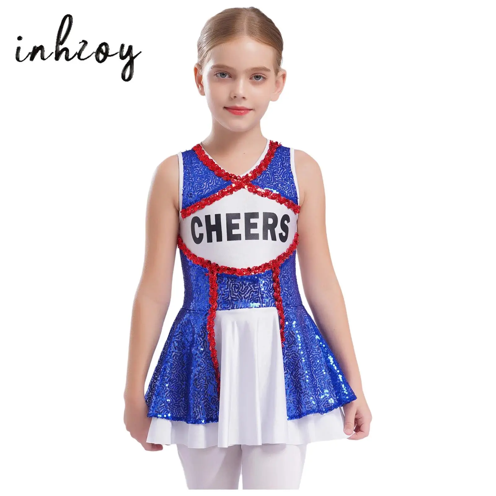 

Kids Girls Cheerleading Uniform Dance Dress Sleeveless Color Block Sparkling Sequins Dress Schoolgirls Dance Performance Costume