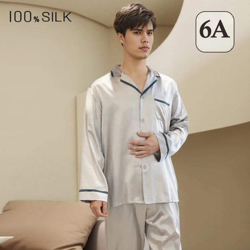 New Mens 22 Momme 100% Mulberry Silk Pajamas Set Long Sleeve Long Pants 2 Piece Loungewear All Season Wear