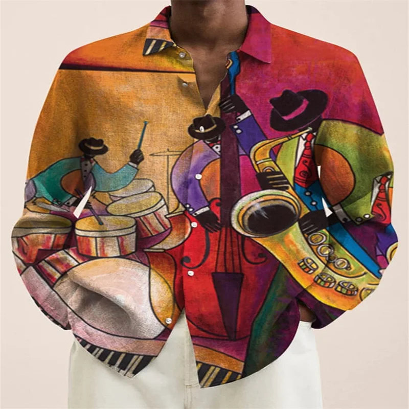 2025 New Men's 3D Art Painting Fashion Print Single Breasted Long Sleeve Shirt Casual Shirt Men's Loose Lapel Long Sleeve