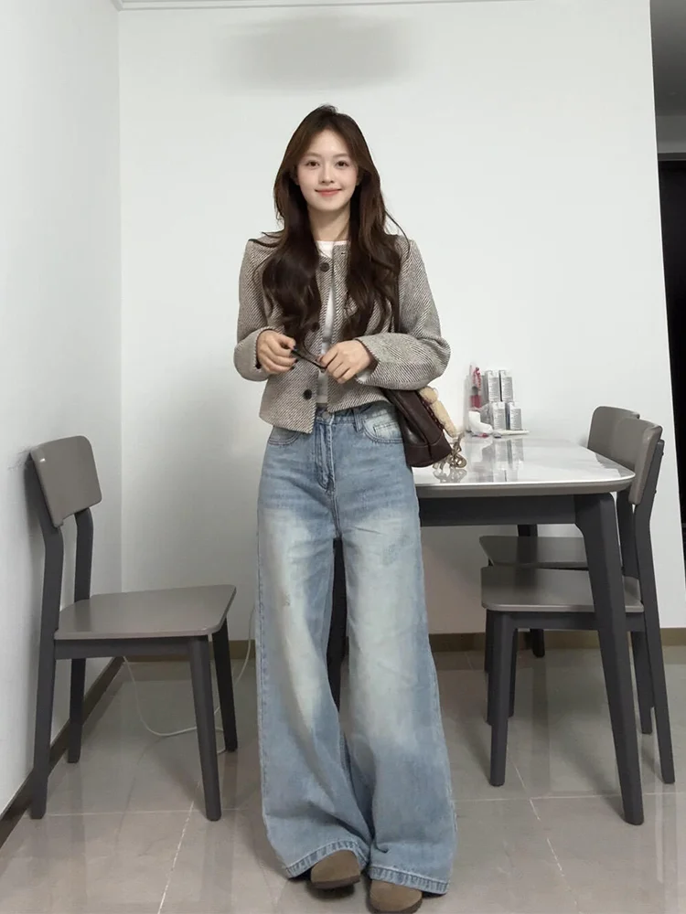 

Джинсы женские с высокой талией, широкими штанинами, в американском ретро-стиле, из выстиранного денима, свободные, повседневные, стройнящие, простые, для отдыха, больших размеров