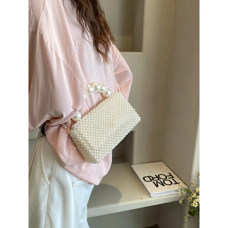 Bolso de hombro cuadrado con cuentas para mujer, Bolsa tejida de alta calidad, con diseño de temperamento para fiesta, 2024